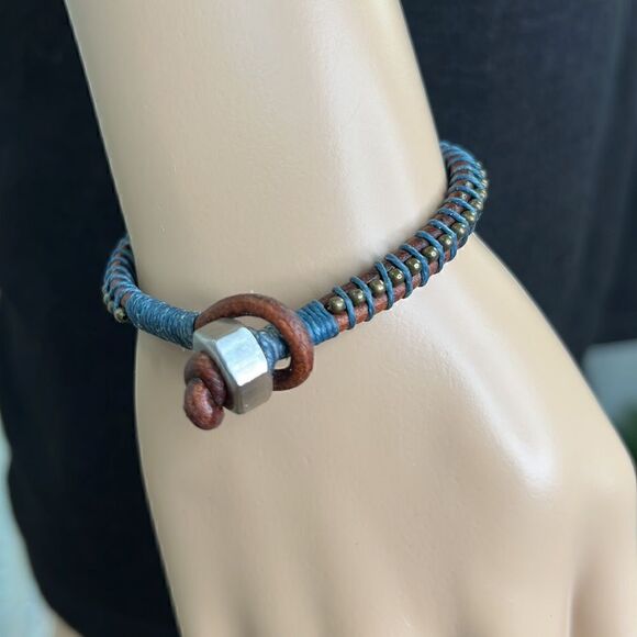 7#9 Leather Handcrafted Bracelet 7” Brown and Blue - Picture 3 of 5